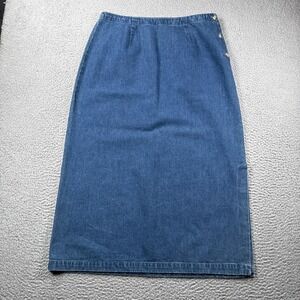 Eddie Bauer Denim Maxi Skirt Womens 12 PETITE Blue Long Button Side Slit Cotton